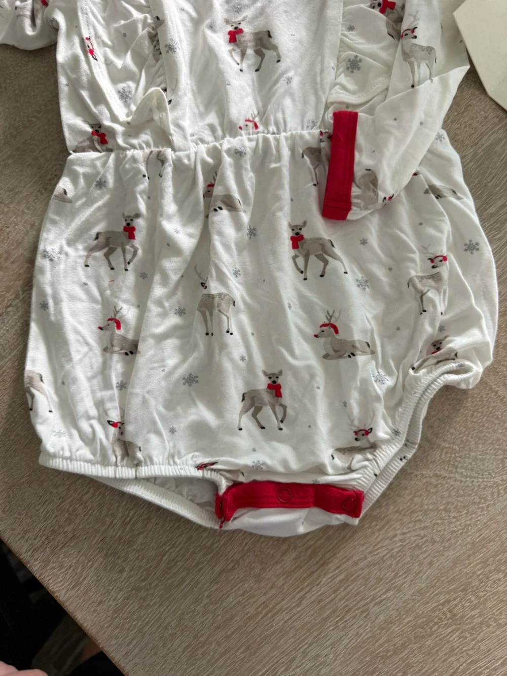 Kyte BABY White Reindeer Print Pajama Romper with Red Trim